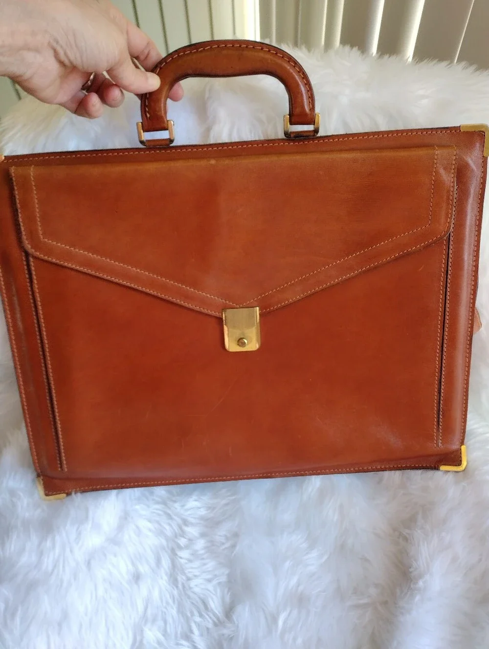 Men's Vintage Leather Briefcase Gold Hardware - Classic Professional Carry